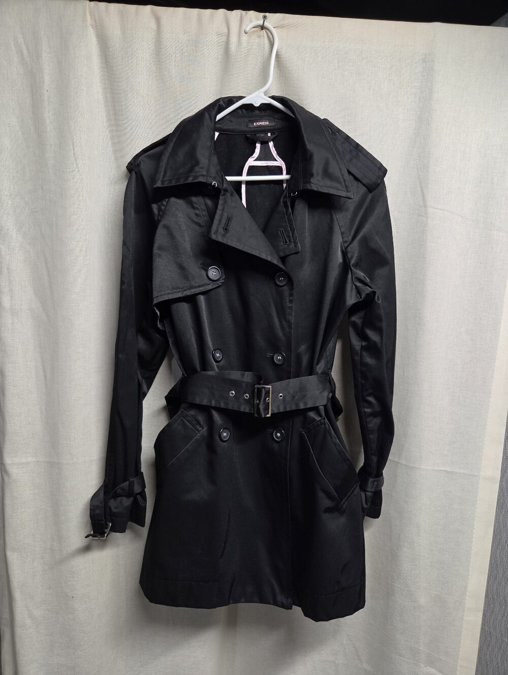 Express Black Double-Breasted Trench Coat with Belt